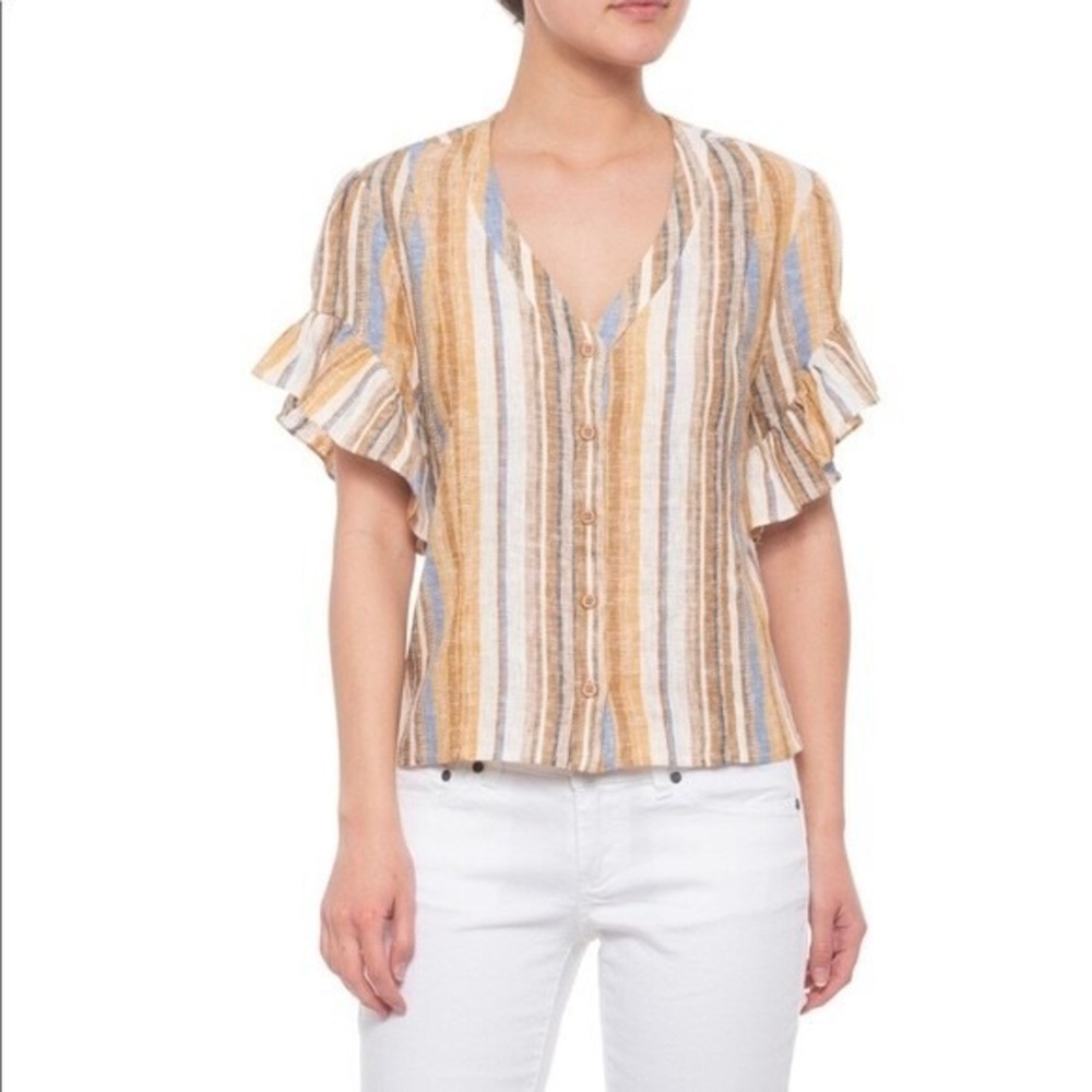 Drew Anthropologie Beverly Flutter Sleeve Top Blouse Lemon Striped Linen Blend S